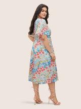 Floral Contrast Ruched Elastic Waist Dress