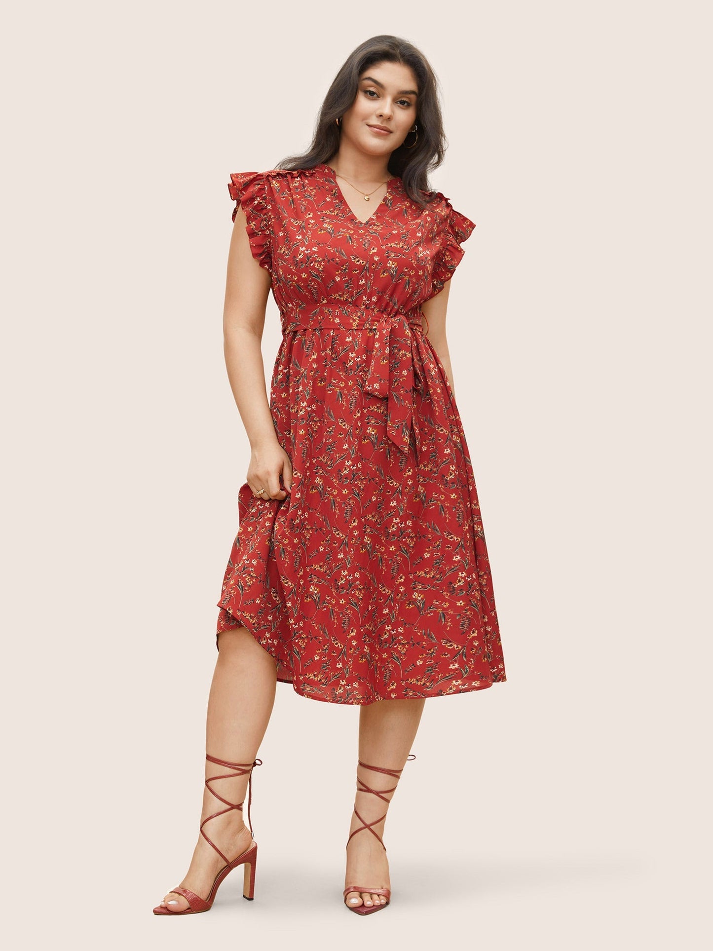 Ditsy Floral Frill Trim Notched Flutter Sleeve Dress