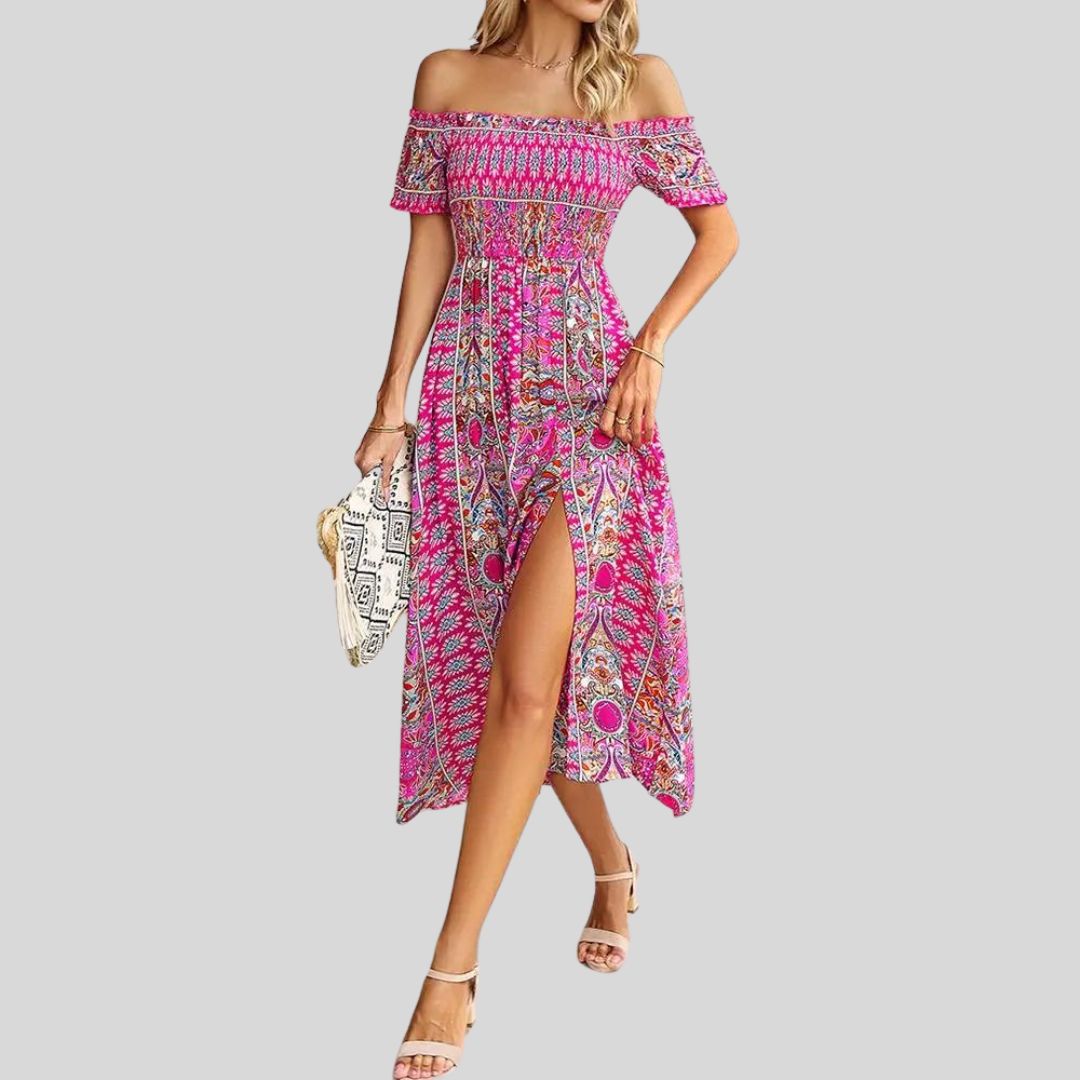 Aurora - Off-the-shoulder boho maxi dress with ruffled top