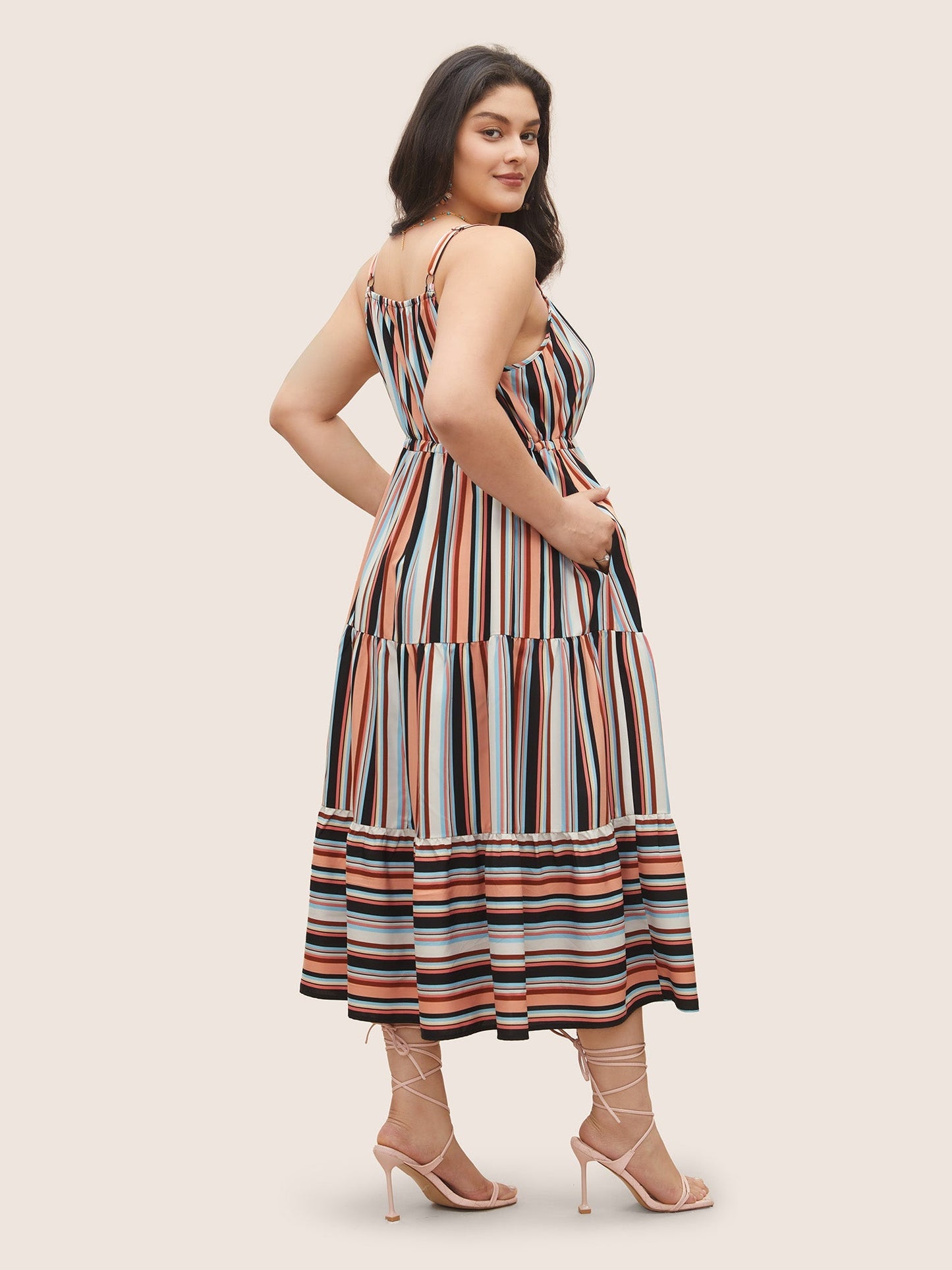 Color Striped Drawstring Ruffle Hem Dress