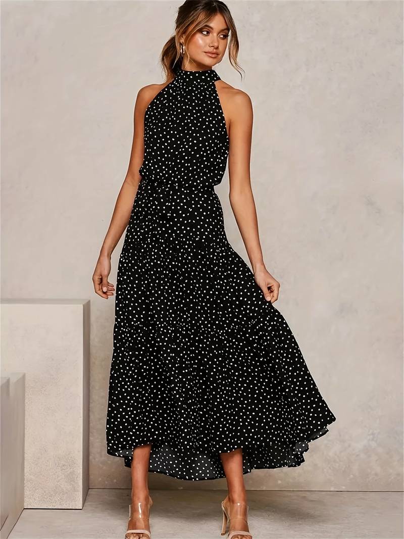 Cerelia - Jewelled neckline polka dot sleeveless dress