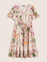 Fruits Print Elastic Waist Belted Pocket Dress