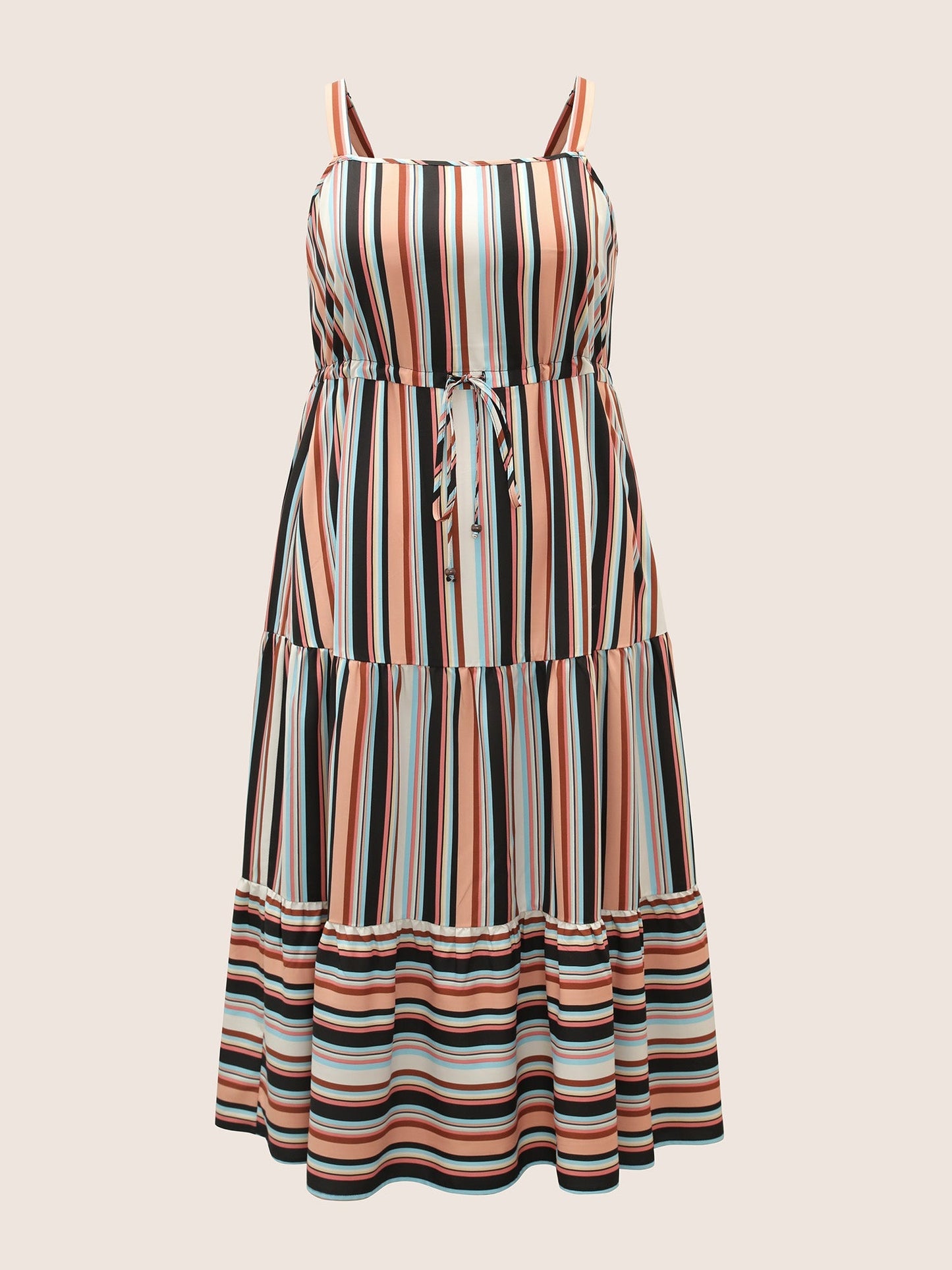 Color Striped Drawstring Ruffle Hem Dress