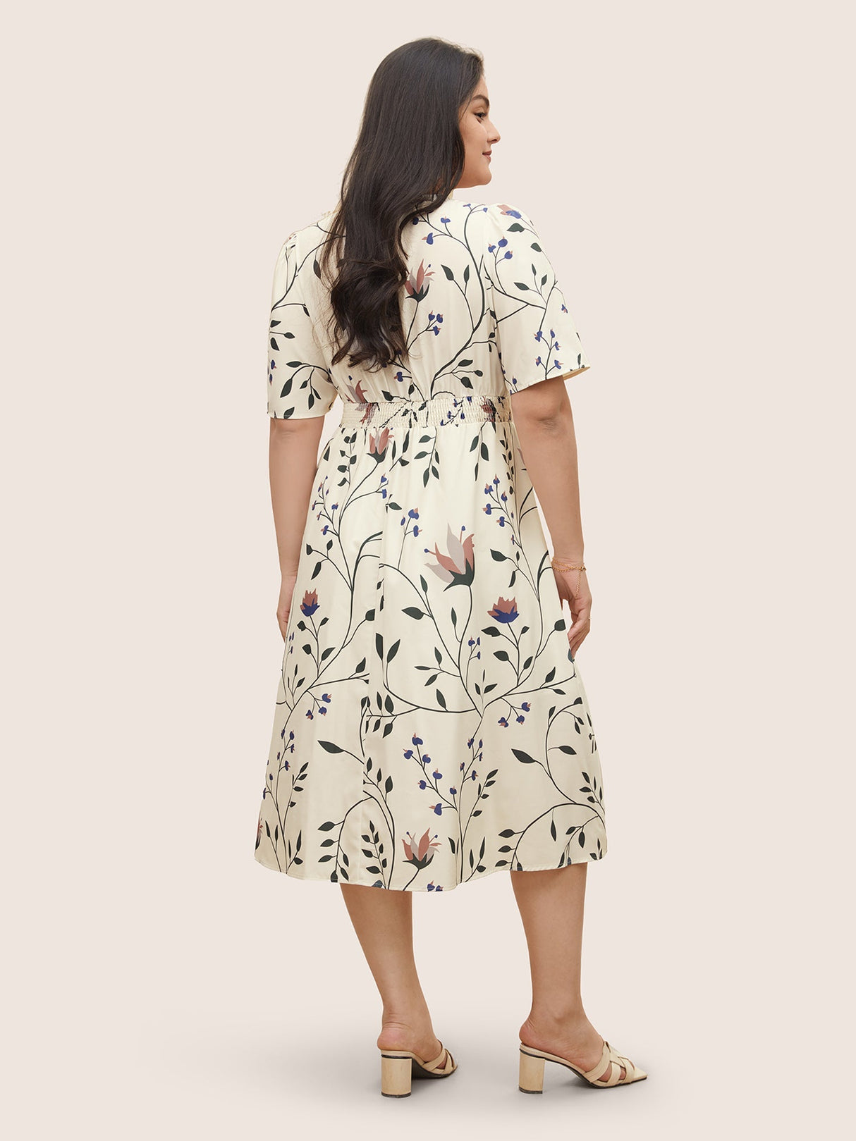 Plants Print Elastic Waist Gathered Wrap Dress