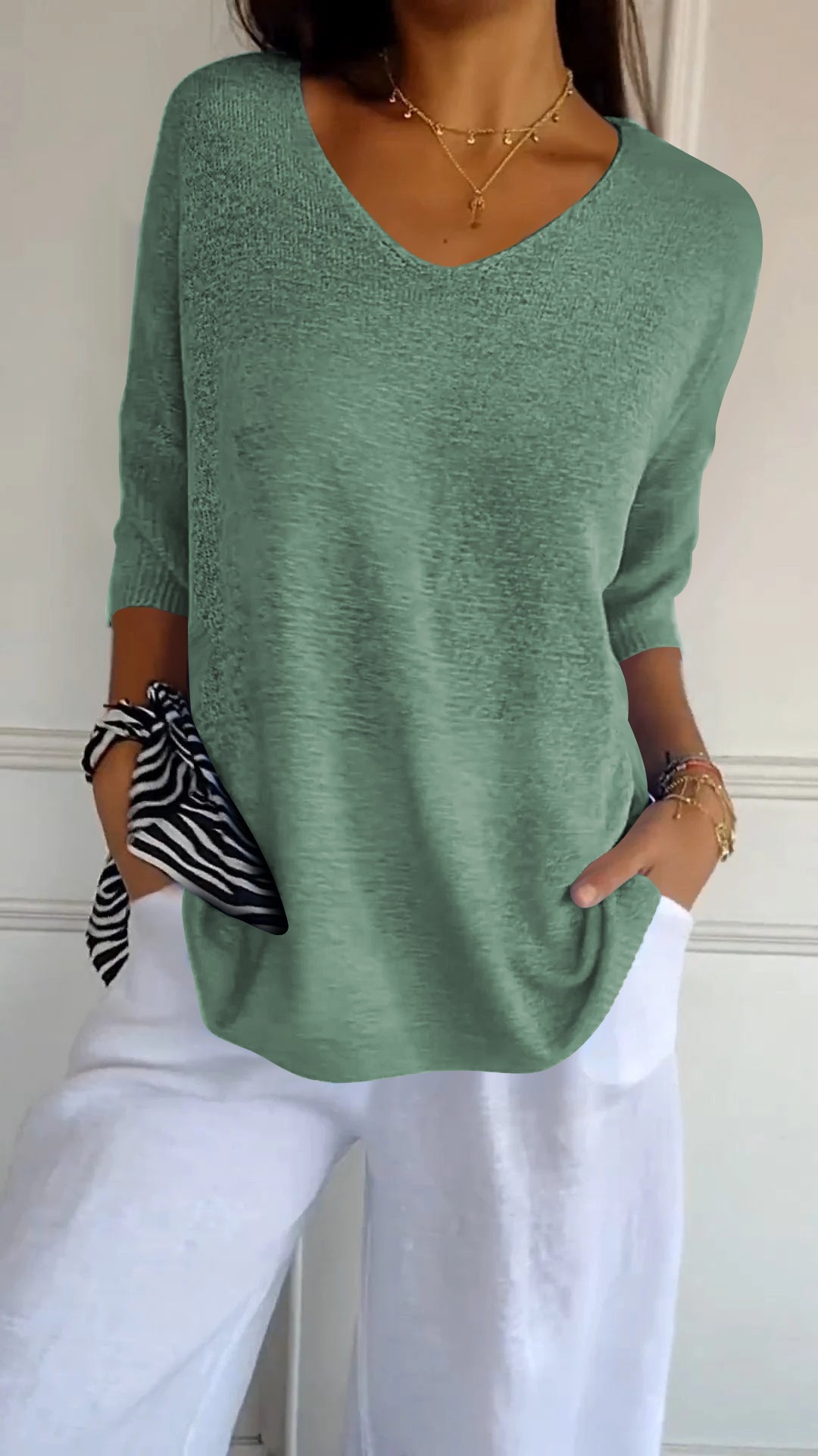 Solene™ plain knit sweater with V-neckline