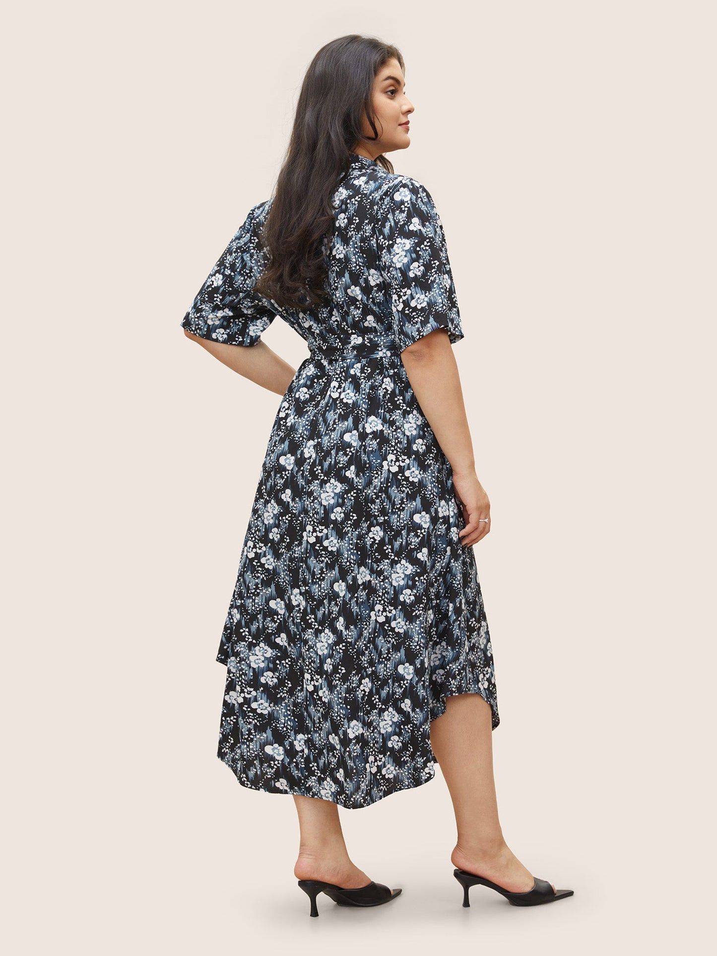 Ditsy Floral Elastic Waist Belted Shirt Collar Dress