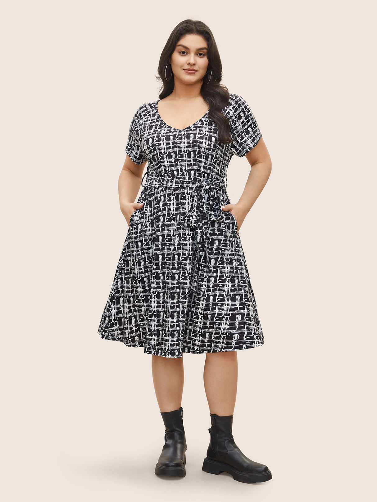 Plaid Elastic Waist Belted Pocket Dress