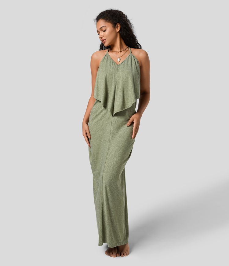 Vittoria | V Neck Backless Band Back Ruched Maxi Resort Slip Dress