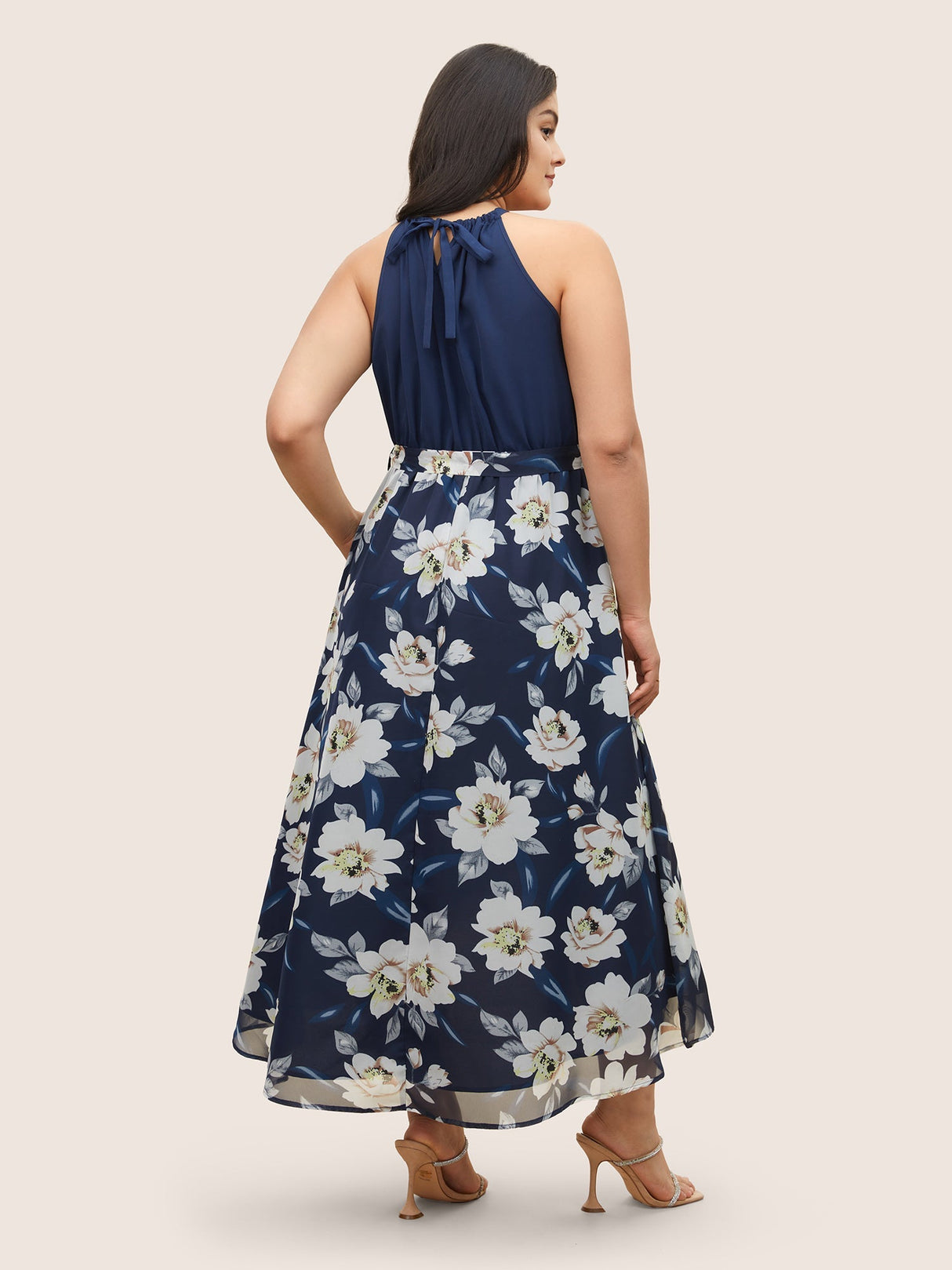 Floral Patchwork Halter Ties High Low Hem Dress