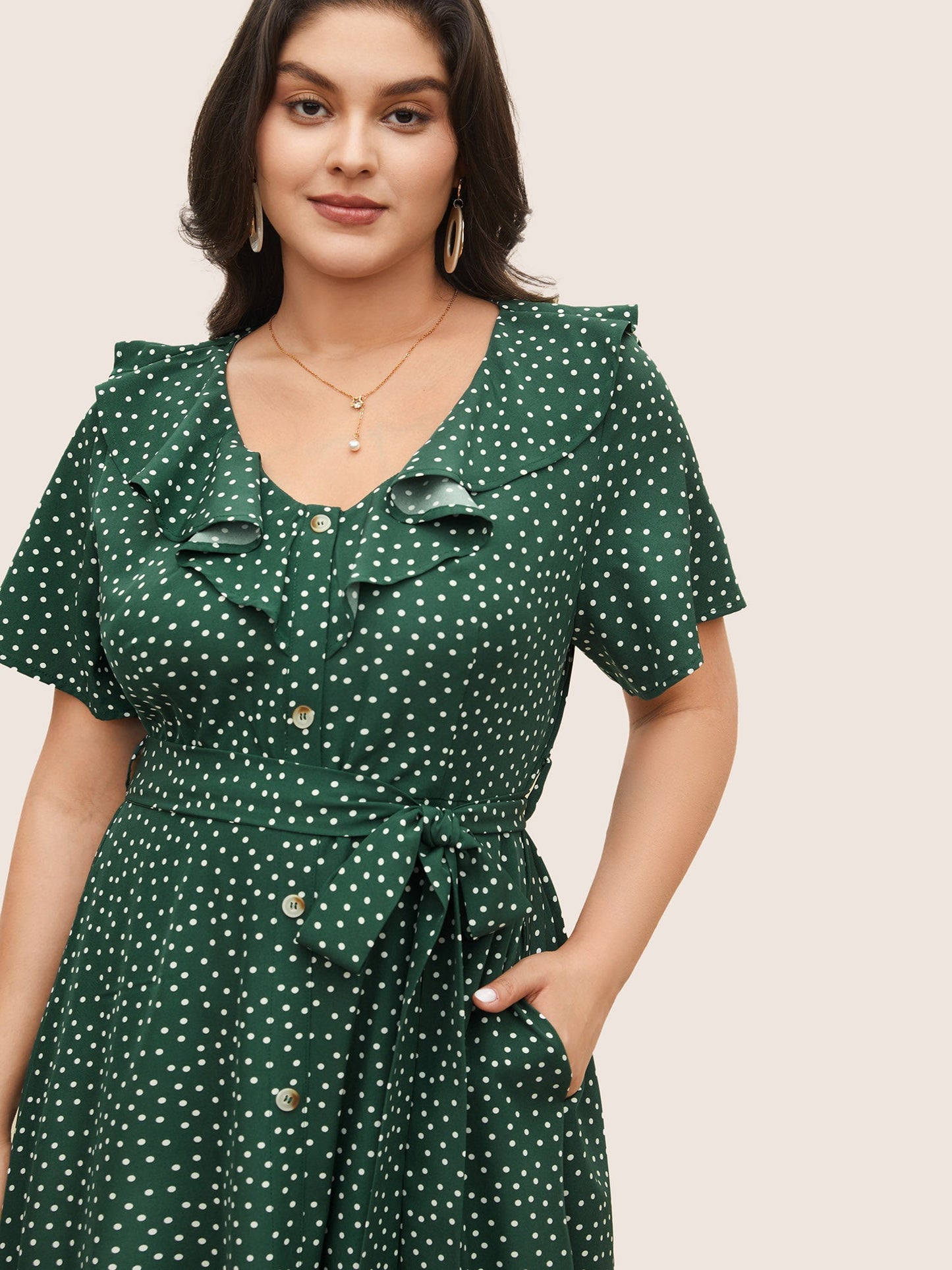 Polka Dot Flutter Trim Belted Button Detail Dress