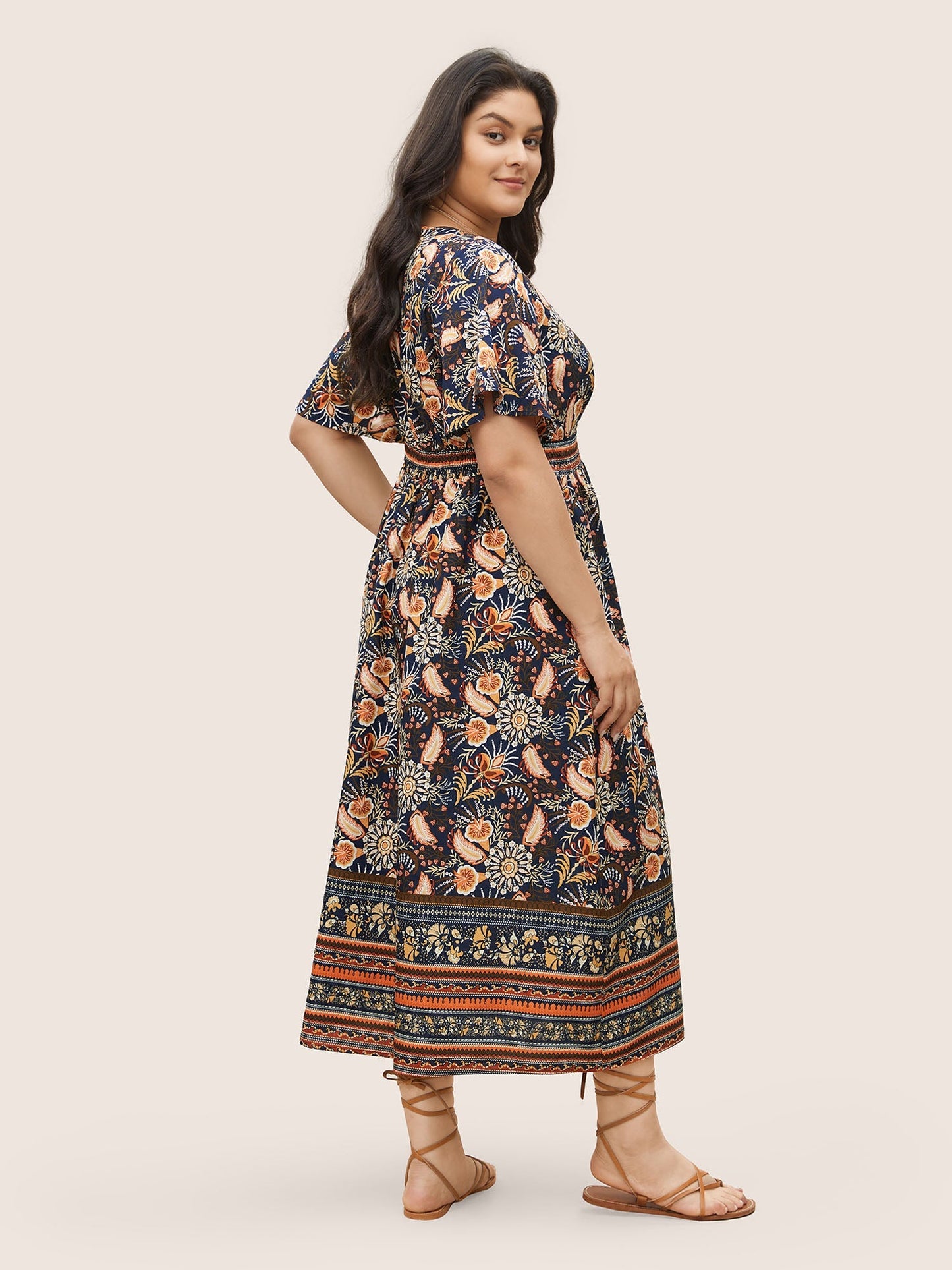 Bandana Print Shirred Overlap Collar Flutter Sleeve Dress