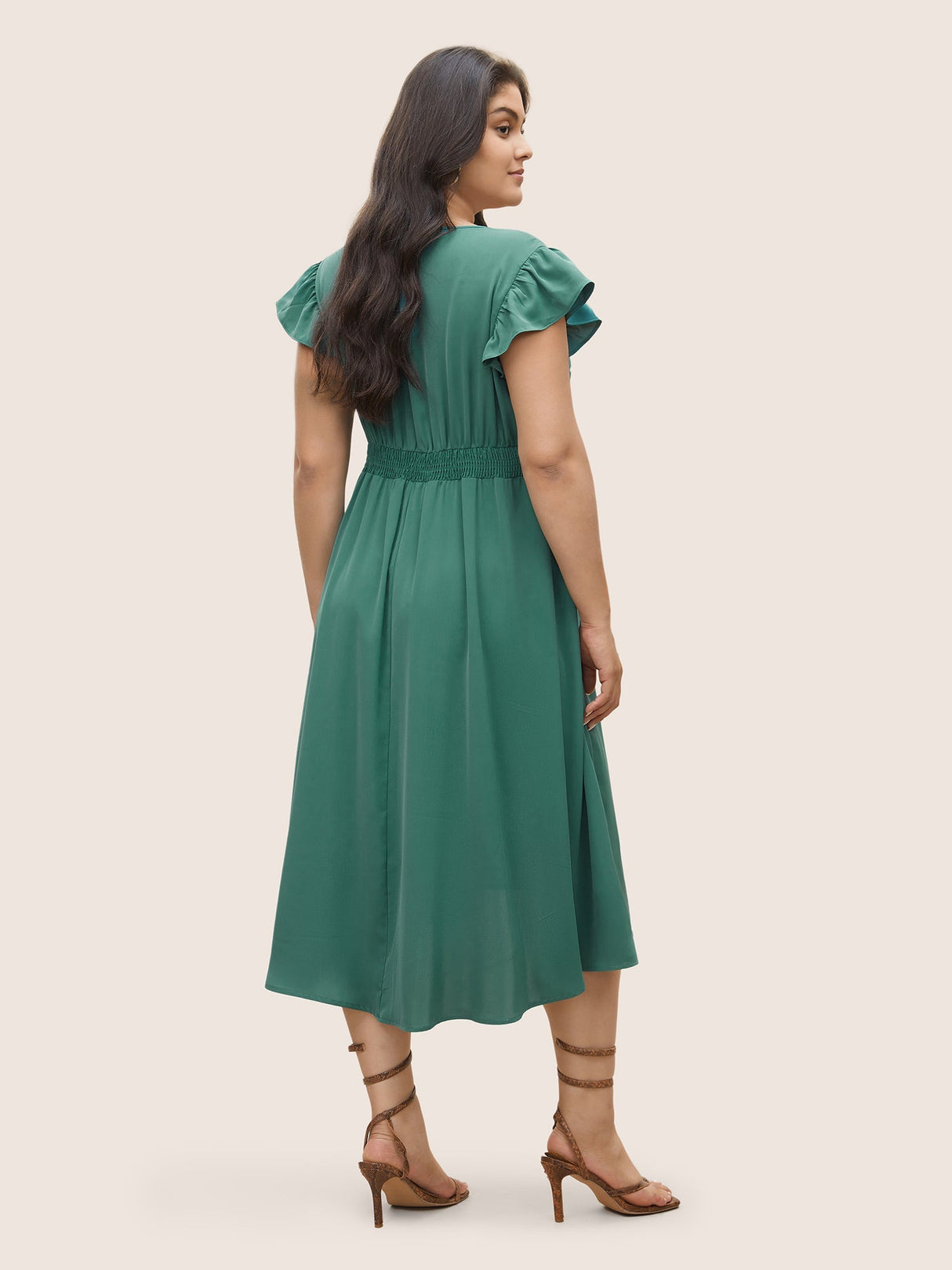 Anti-Wrinkle Solid Ruched Flutter Trim Pleated Dress