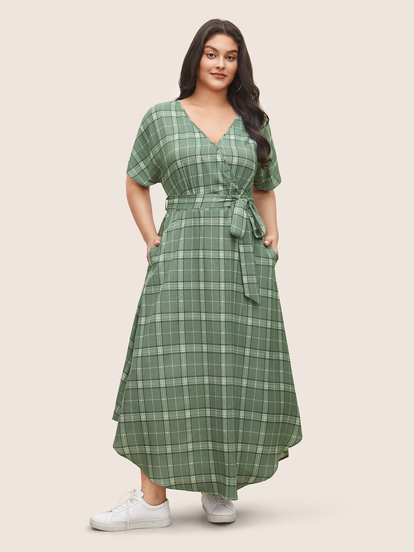 Plaid Surplice Neck Pocket Curved Hem Dress