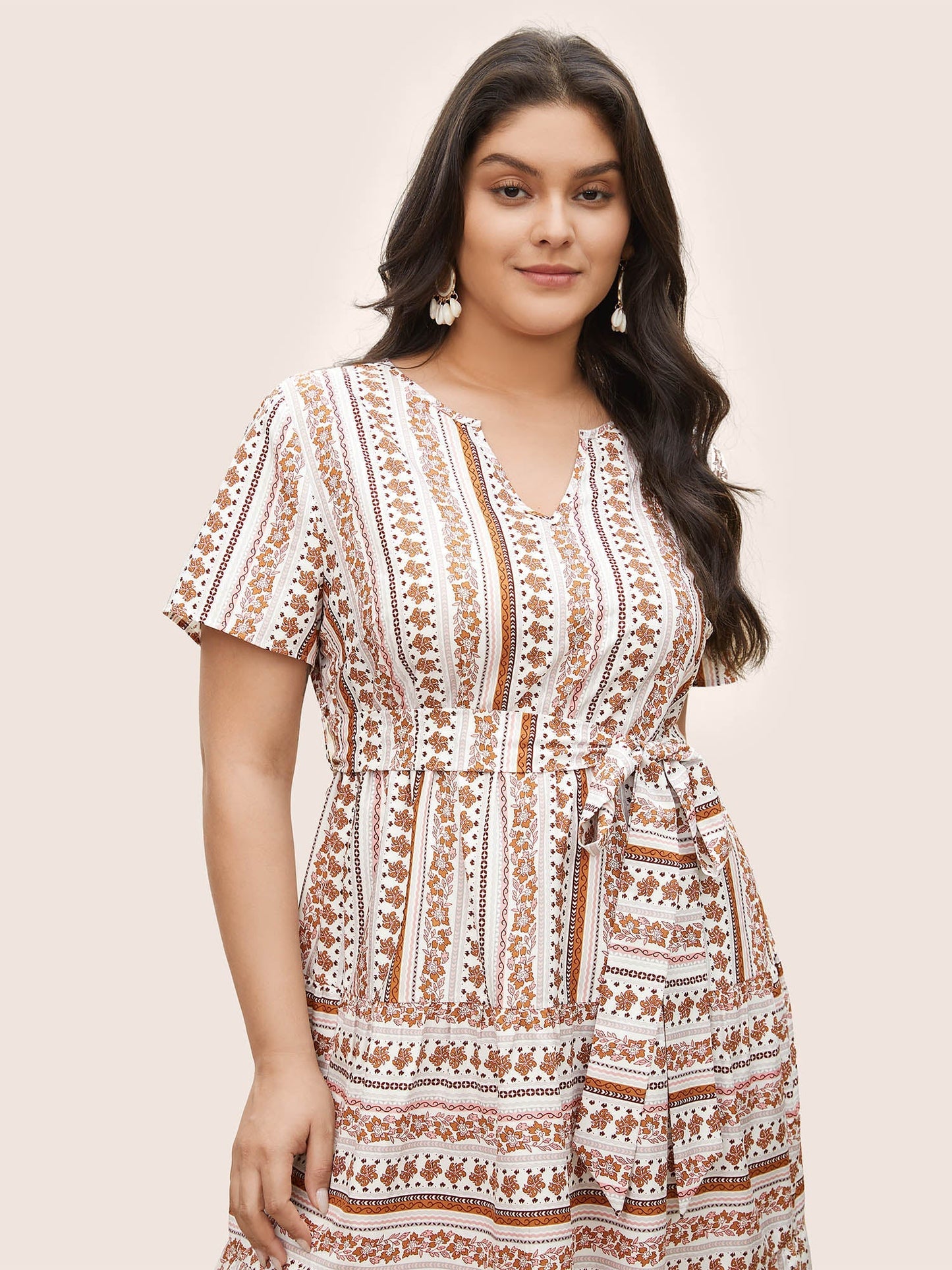 Bandana Striped Print Notched Belted Dress