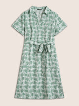 Abstract Print Belted Polo Collar Dress