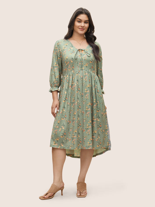 Ditsy Floral Tie Neck Flutter Sleeve Gathered Dress