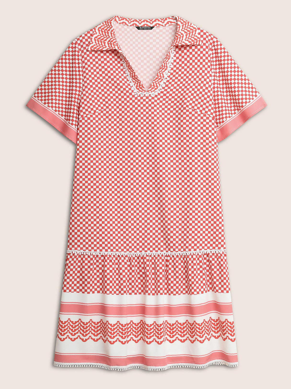 Gingham Patchwork Lapel Collar Ruffle Sleeve Dress