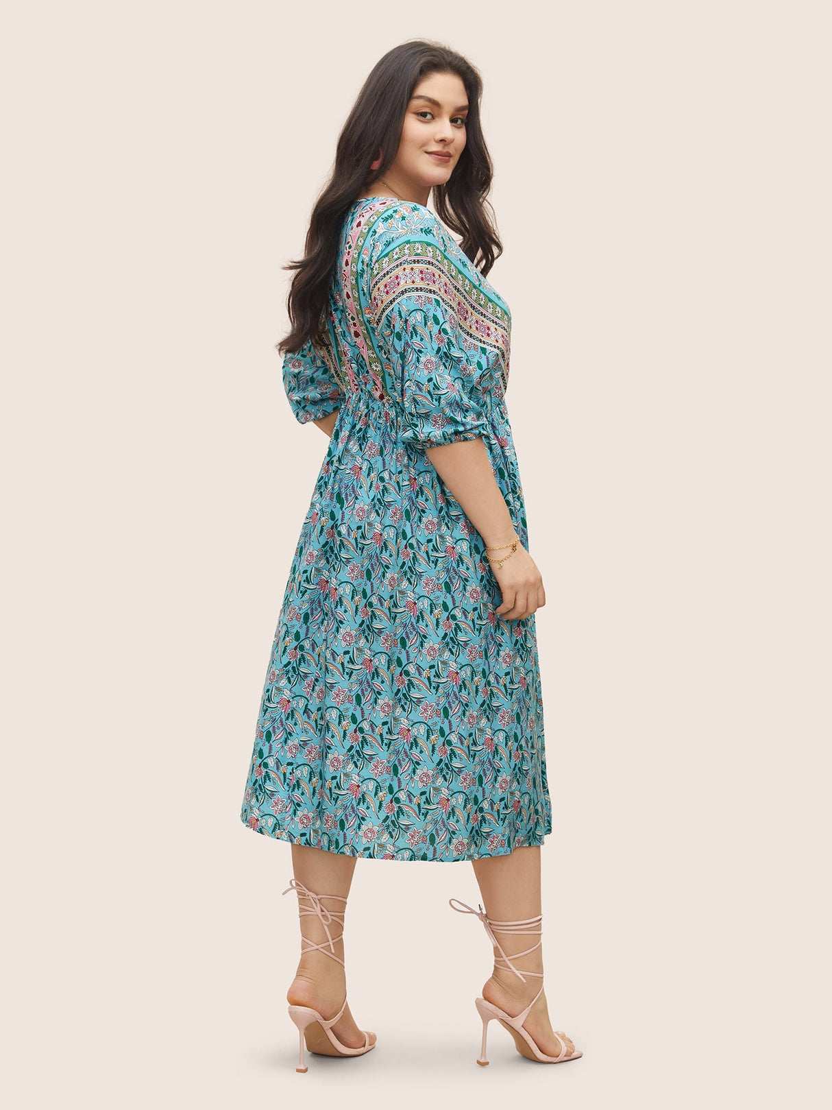 Boho Print Wrap Elastic Waist Lantern Sleeve Dress