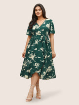 Floral Wrap Elastic Waist Belted Ruffle Sleeve Dress