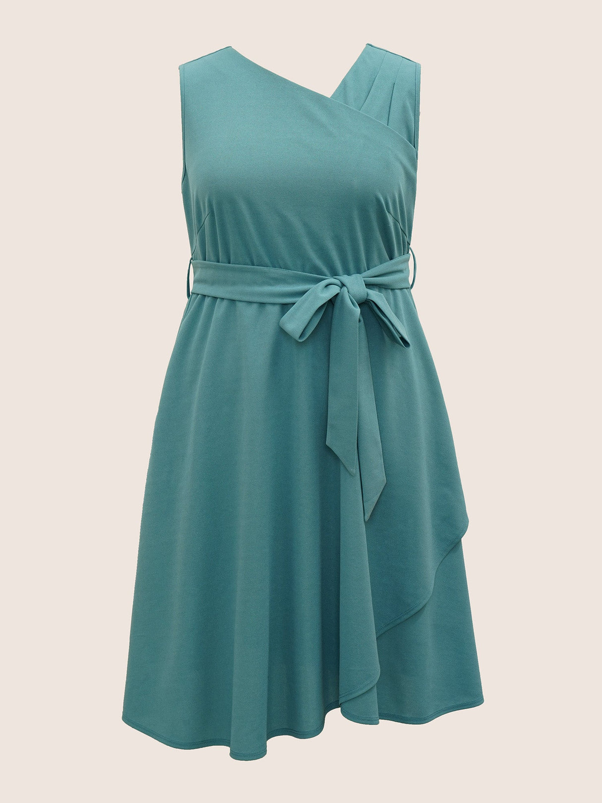 Asymmetrical Neck Pleated Belted Sleeveless Dress