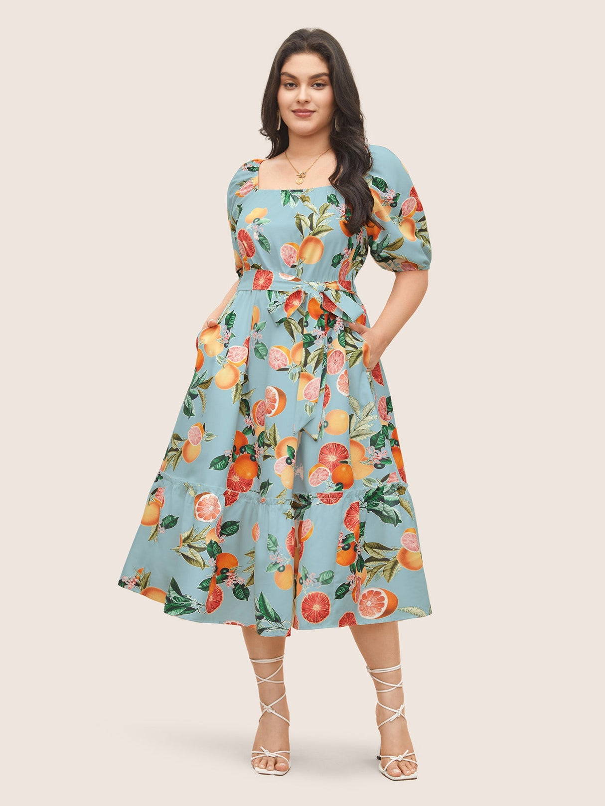 Grapefruits Print Belted Frill Trim Gathered Dress