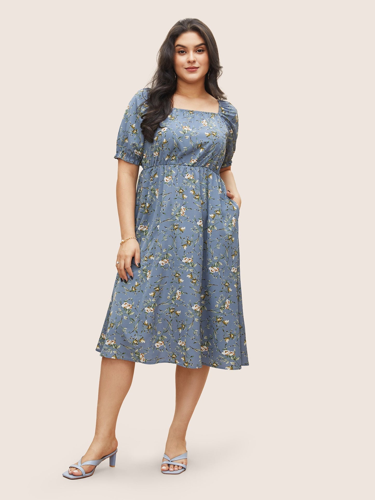 Ditsy Floral Square Neck Elastic Waist Gathered Dress