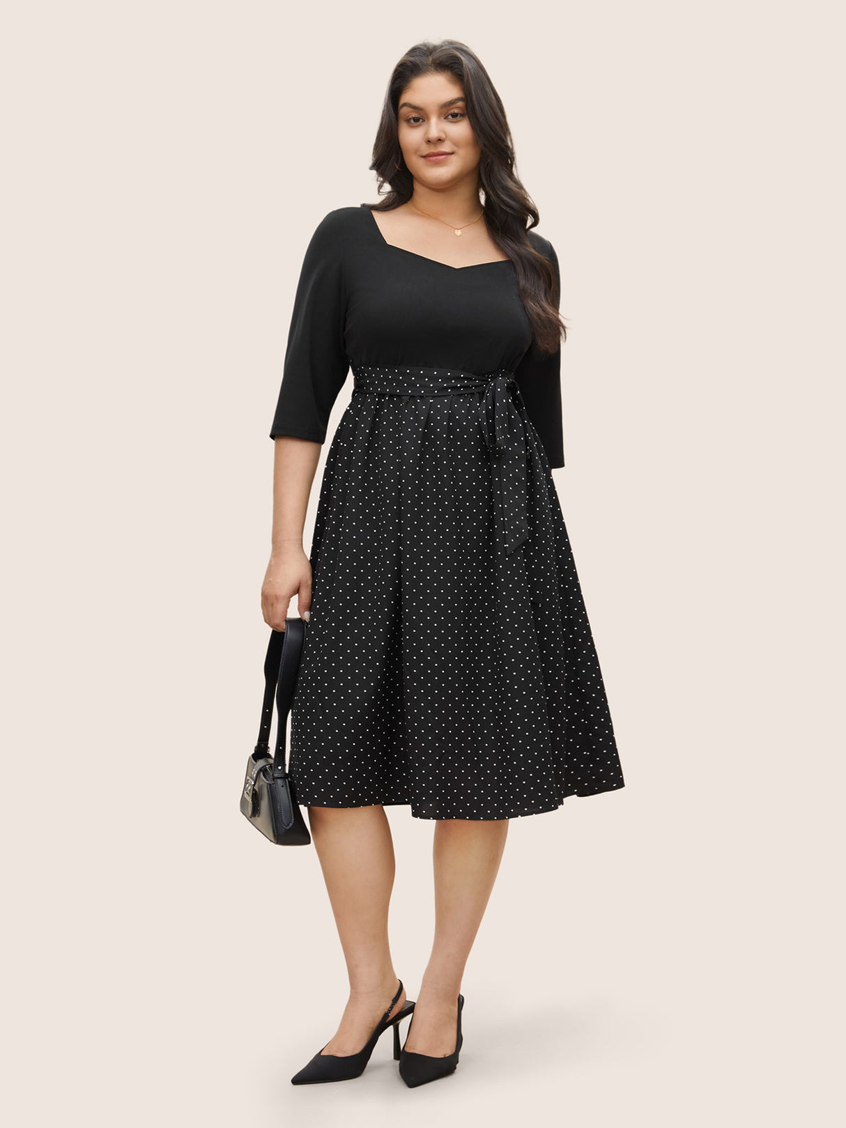 Polka Dot Patchwork Belted Square Neck Dress