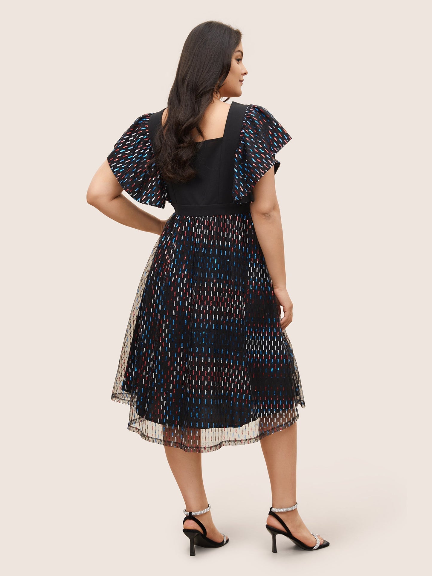 Sequin Patchwork Pocket Flutter Cap Sleeve Dress