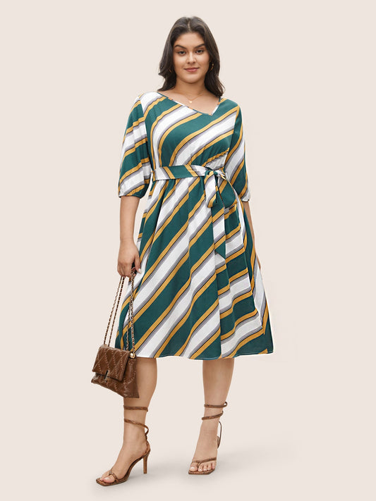 Striped Contrast Asymmetrical Neck Belted Dress