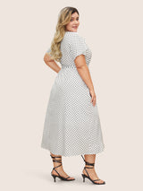 Polka Dot Flutter Trim Belted Overlap Collar Dress