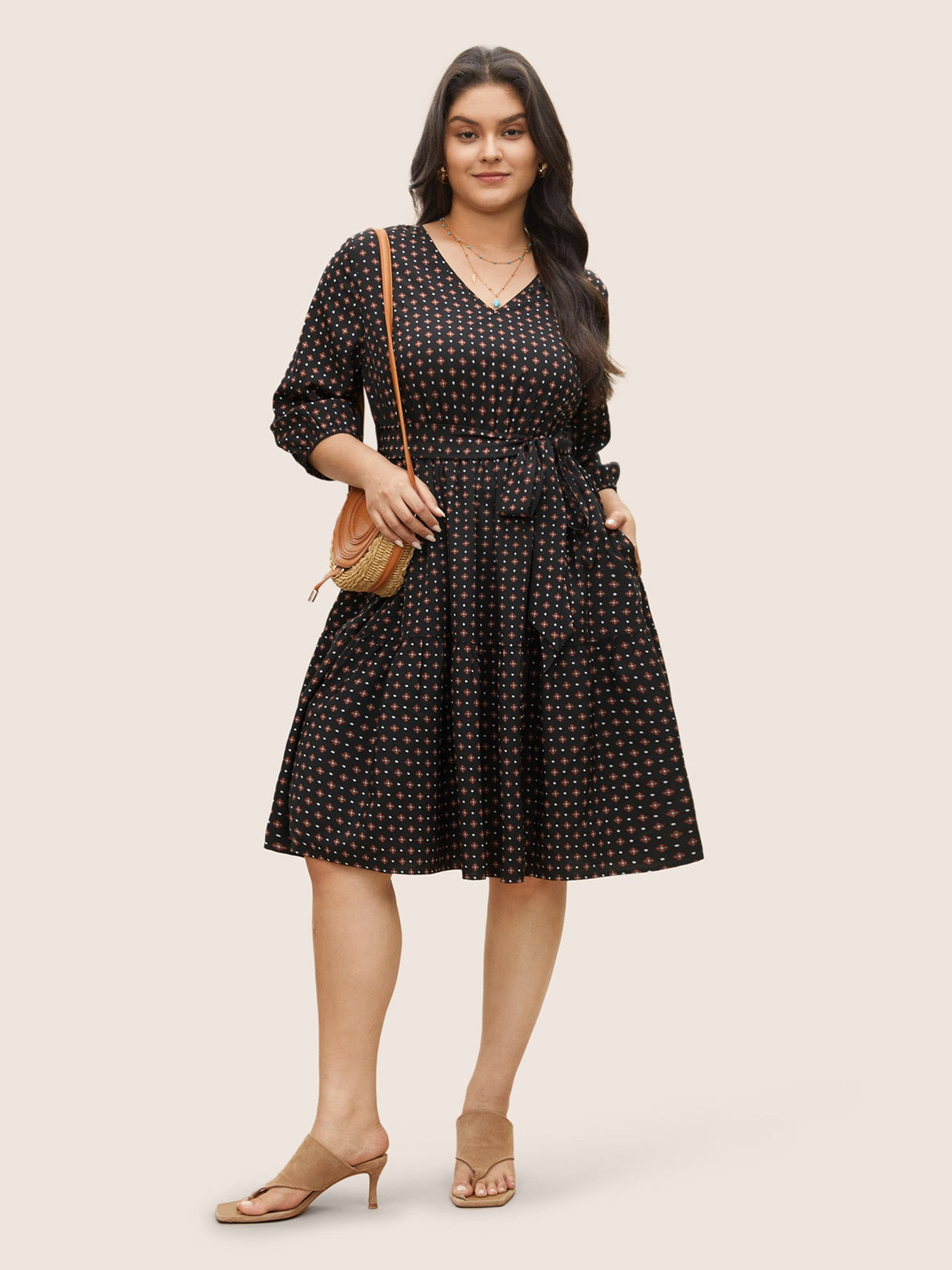 Geometric Graphic Belted Pocket V Neck Dress