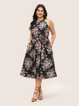 Floral Print Halter Elastic Waist Belted Dress