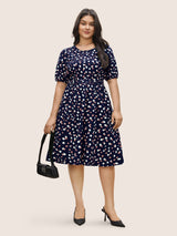 Allover Print Pleated Lantern Sleeve Dress