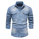 Fitted denim long-sleeved shirt for men