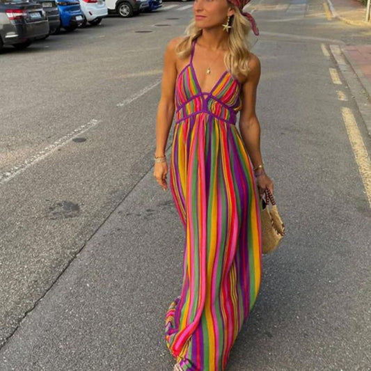 Isla - Vibrant striped maxi dress with waist cinching