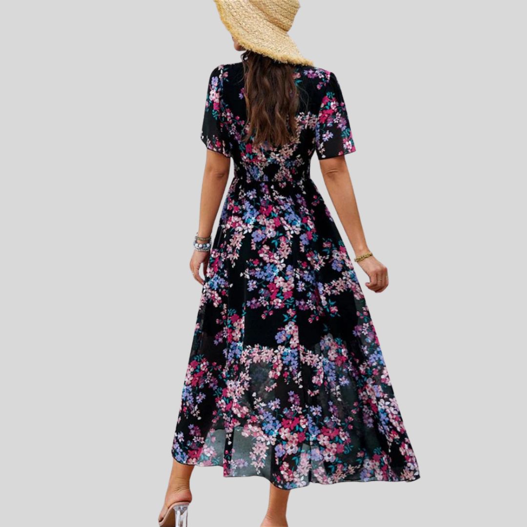 Isabella - Floral V-neck midi dress with short sleeves