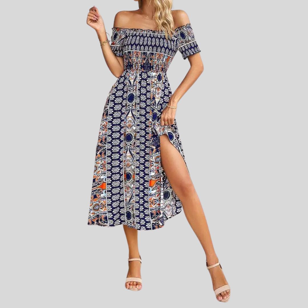 Aurora - Off-the-shoulder boho maxi dress with ruffled top