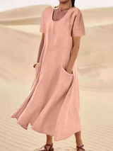 JFN Cotton & Linen Solid Color Loose Casual Pocket Dress