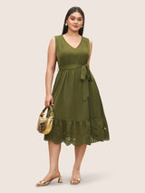 Plain Laser Cut Belted Gathered Dress