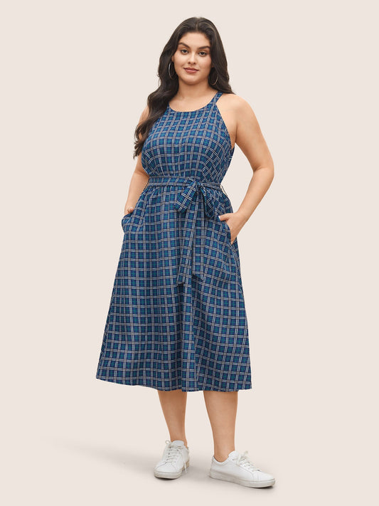 Plaid Pocket Belted Halter Midi Dress