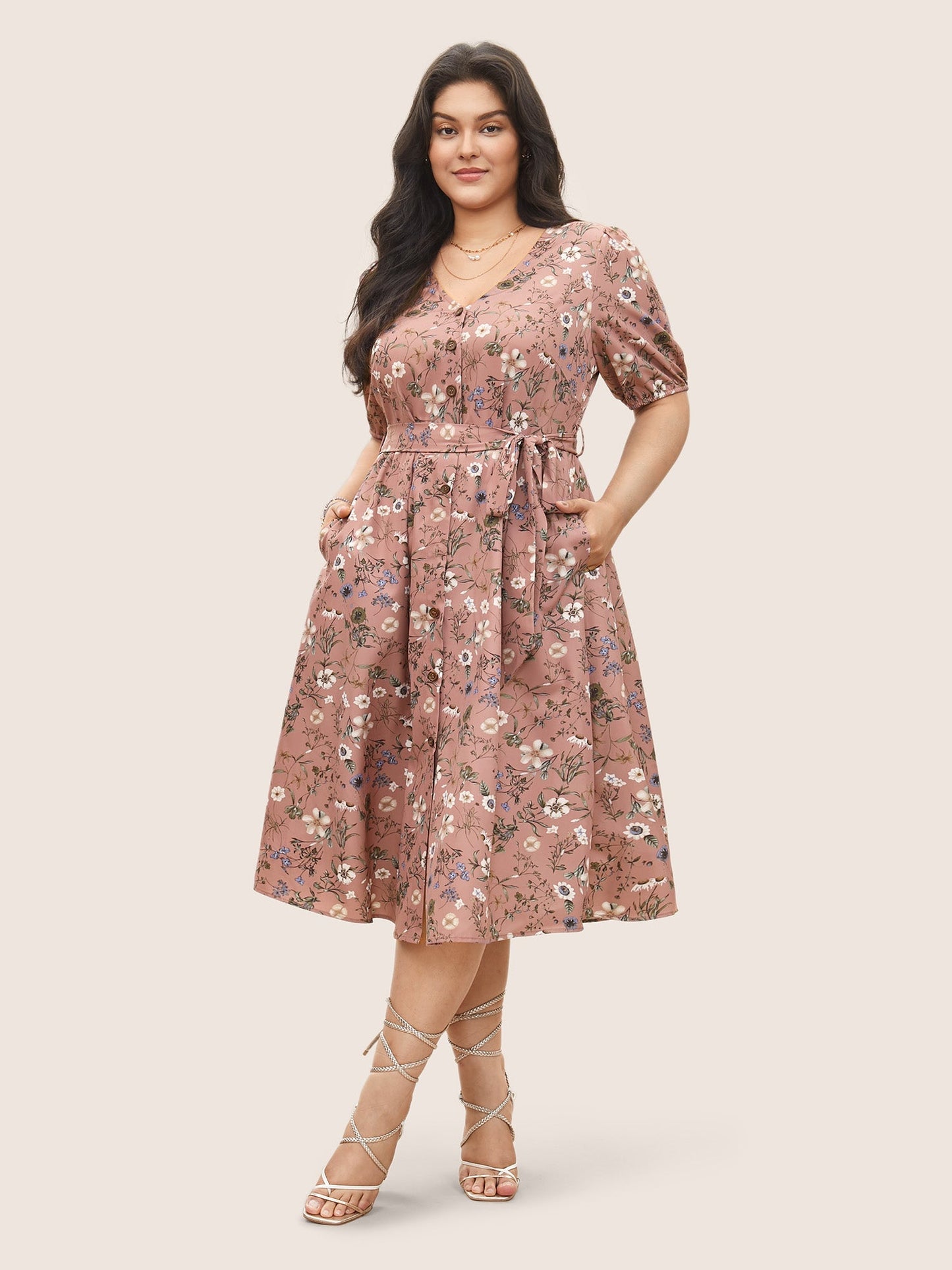 Ditsy Floral Belted Lantern Sleeve Button Up Dress