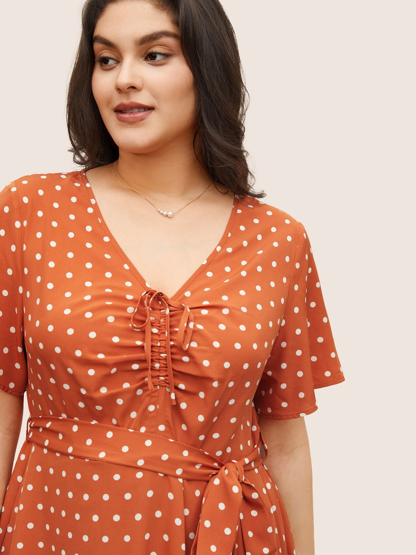 Polka Dot Drawstring Belted Ruffle Sleeve Dress