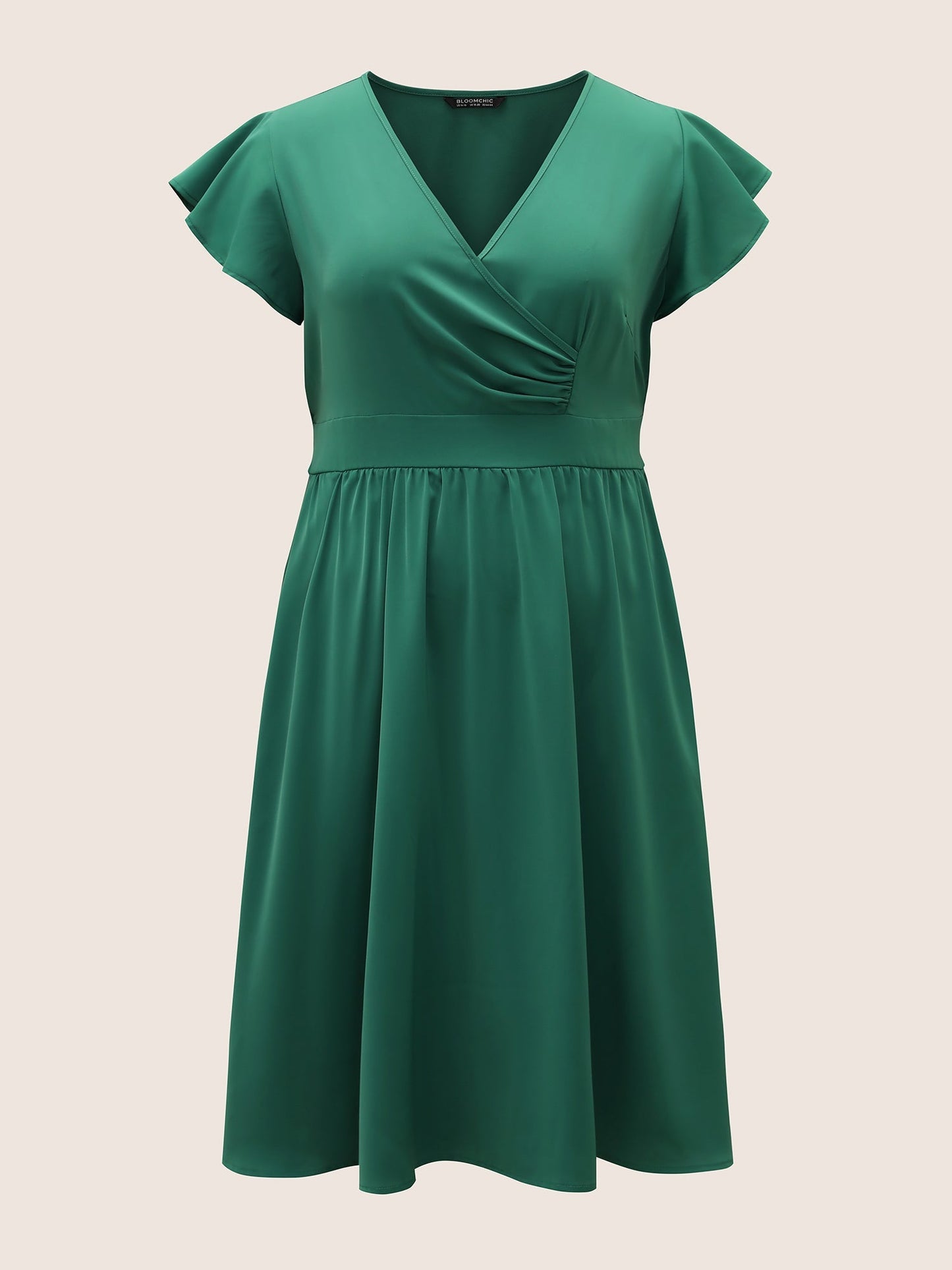 Overlap Collar Ruffle Cap Sleeve Gathered Dress