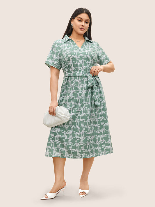 Abstract Print Belted Polo Collar Dress
