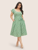 Ditsy Floral Belted Flutter Cap Sleeve Dress