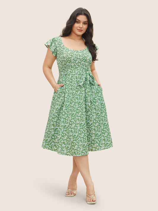 Ditsy Floral Belted Flutter Cap Sleeve Dress