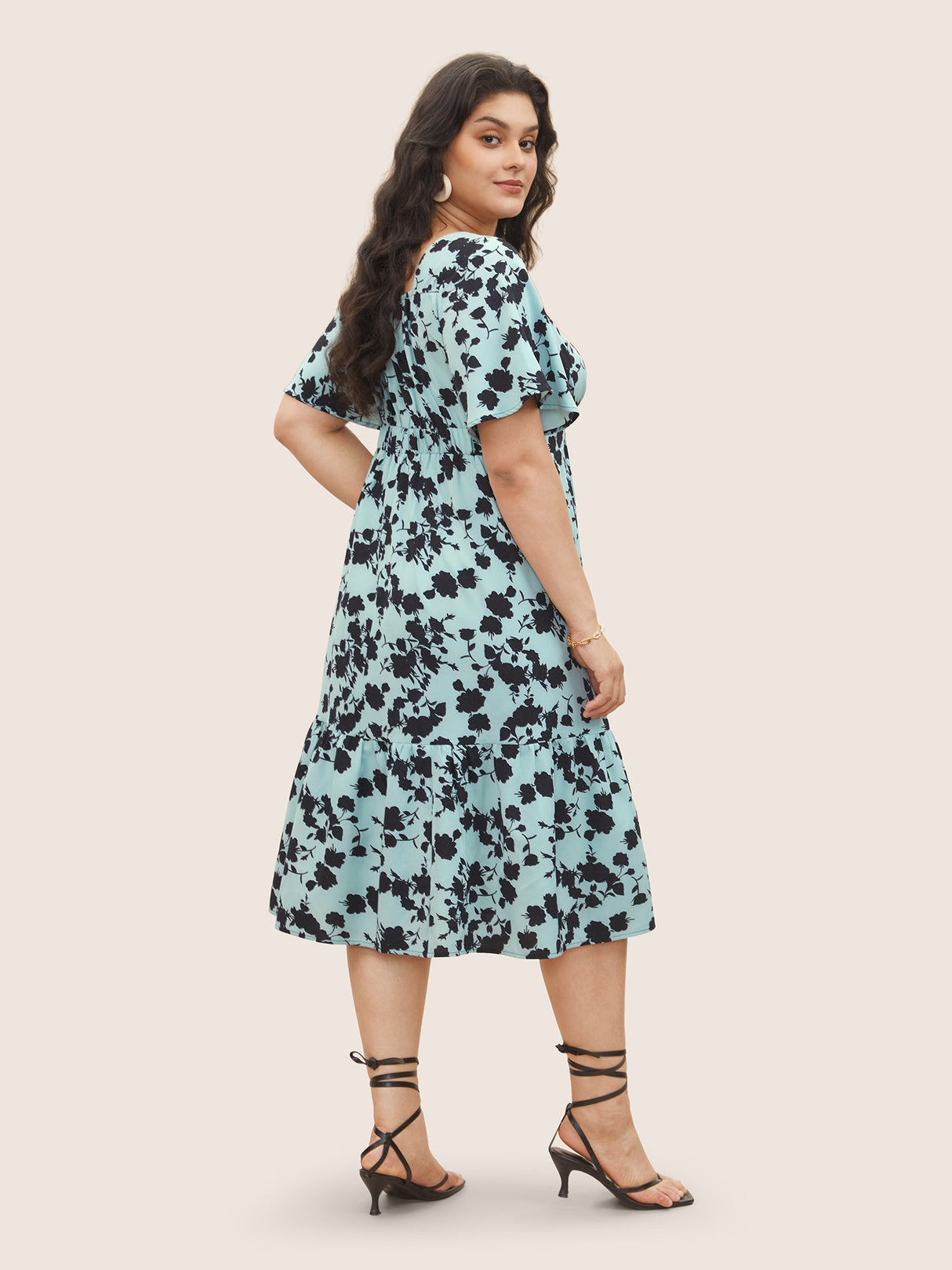 Silhouette Floral Print Knot Neck Flutter Hem Dress