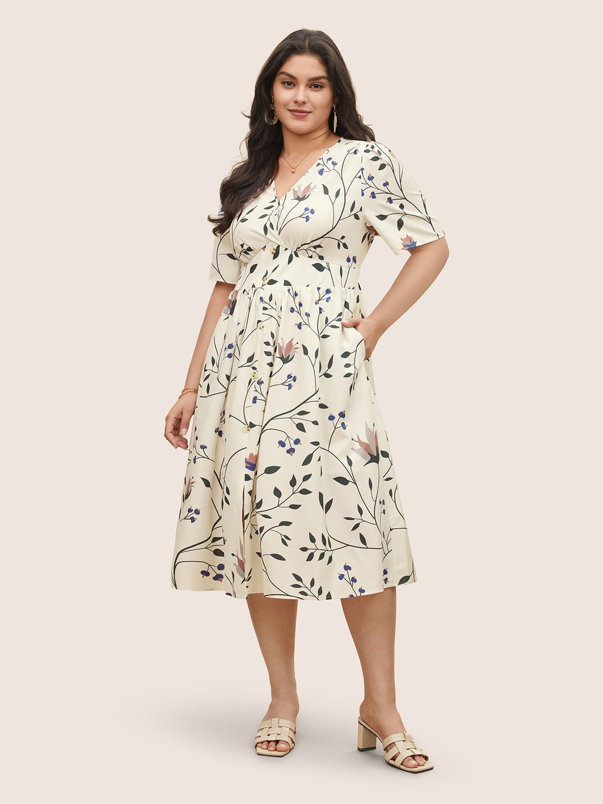 Plants Print Elastic Waist Gathered Wrap Dress