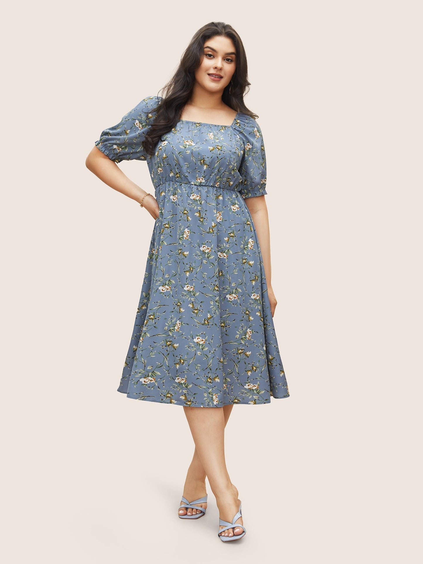 Ditsy Floral Square Neck Elastic Waist Gathered Dress