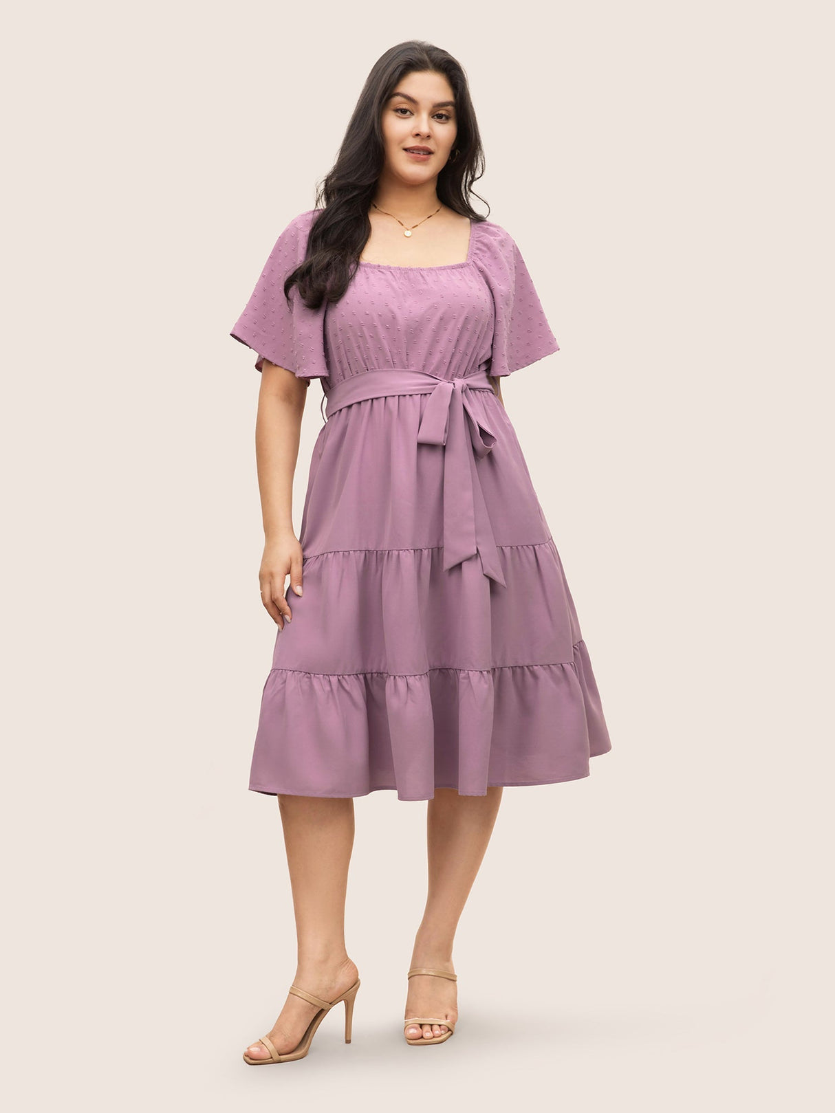 Plain Textured Ruffle Layered Hem Belted Dress